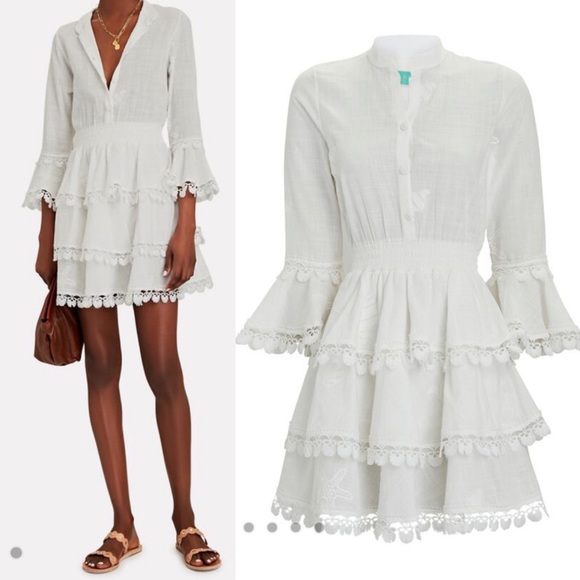 Waimari Calamaro Tiered Ruffle Smocked Beach Coastal Bridal Mini Dress: White - Picture 1 of 16